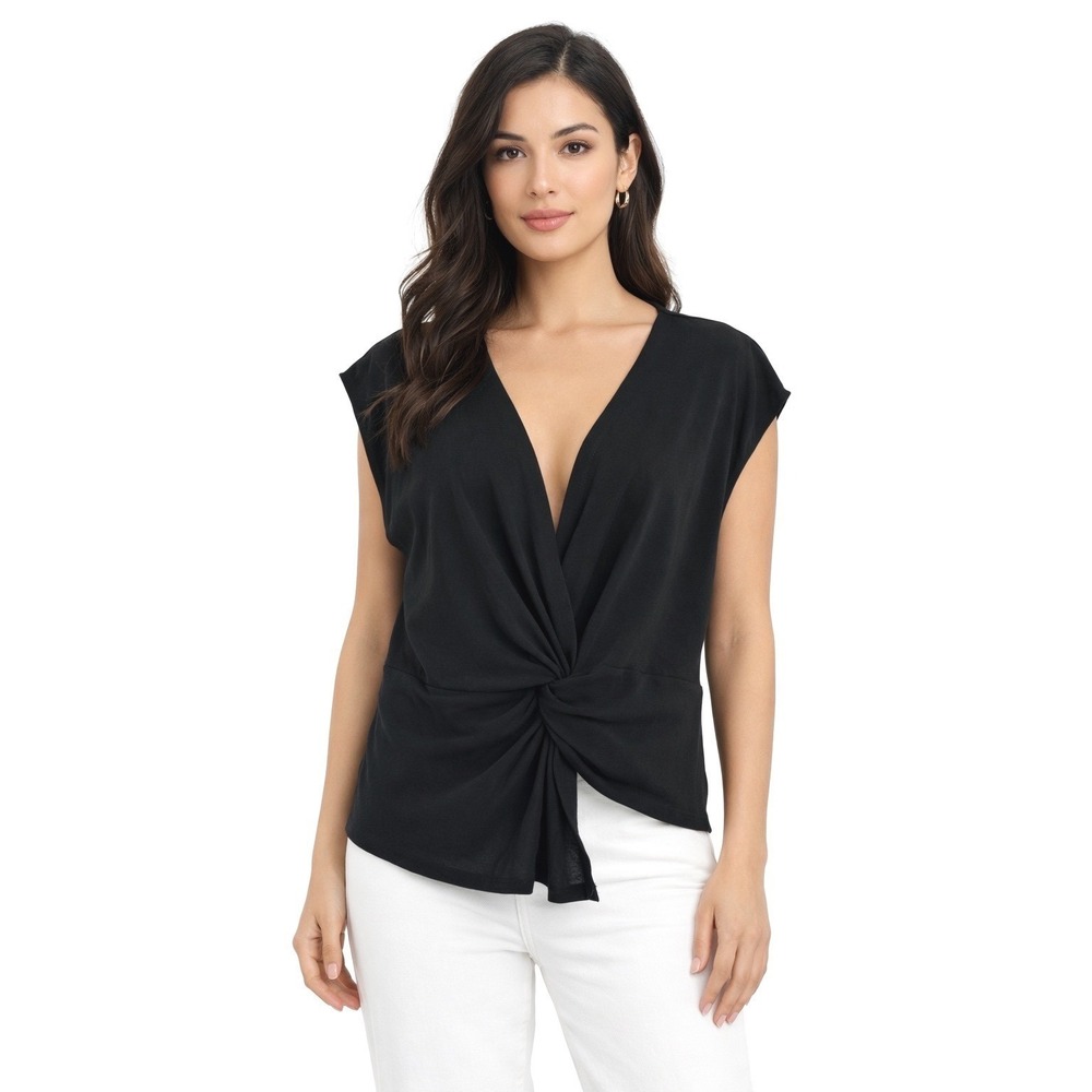 ZARA Black Twist Front V Neck Cap Sleeve Top Womens M Resortwear Chic 101-23